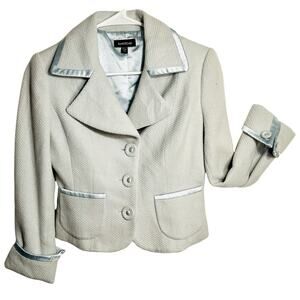 Bebe Blazer Womens Size XS Wool Angora Cropped Light Blue Tailored Satin Trim